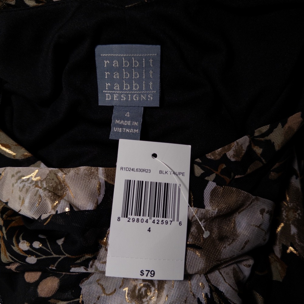 Rabbit Rabbit Rabbit Designs Dress 4 Black Taupe Metallic Floral Mesh Feminine - Picture 7 of 9